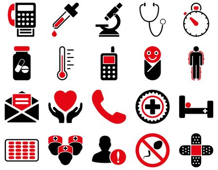 Medical icon set. Style: bicolor icons drawn with intensive red and black colors on a white background.