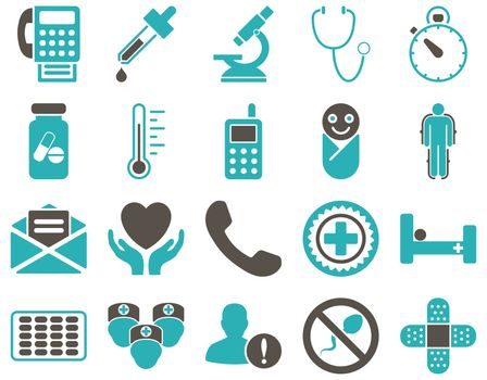 Medical icon set. Style: bicolor icons drawn with grey and cyan colors on a white background.