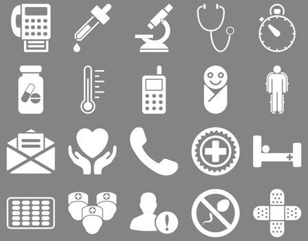 Medical icon set. Style: icons drawn with white color on a gray background.