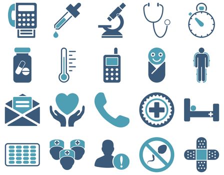 Medical icon set. Style: bicolor icons drawn with cyan and blue colors on a white background.