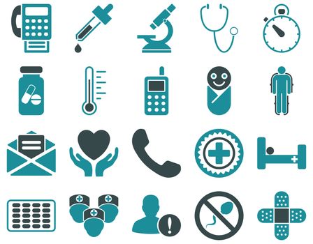 Medical icon set. Style: bicolor icons drawn with soft blue colors on a white background.