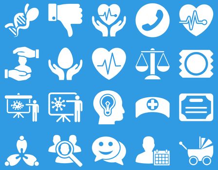 Medical icon set. Style: icons drawn with white color on a blue background.