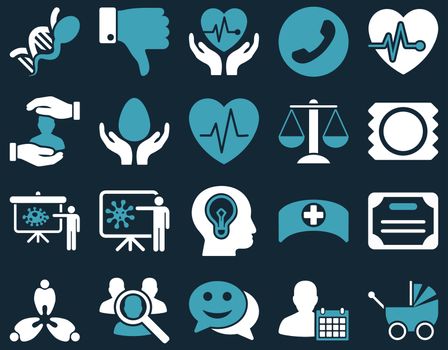 Medical icon set. Style: bicolor icons drawn with blue and white colors on a dark blue background.