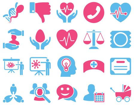 Medical icon set. Style: bicolor icons drawn with pink and blue colors on a white background.