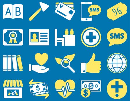 Medical icon set. Style: bicolor icons drawn with yellow and white colors on a blue background.