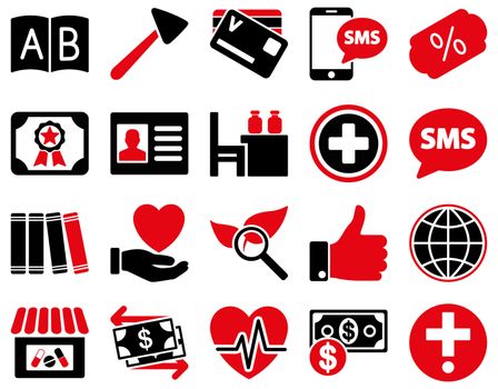 Medical icon set. Style: bicolor icons drawn with intensive red and black colors on a white background.