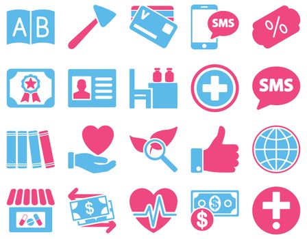 Medical icon set. Style: bicolor icons drawn with pink and blue colors on a white background.