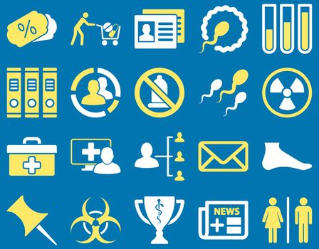 Medical icon set. Style: bicolor icons drawn with yellow and white colors on a blue background.