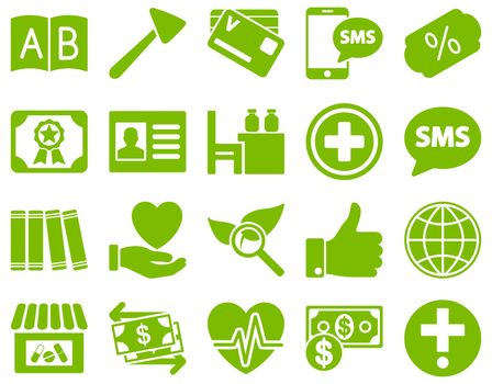 Medical icon set. Style: icons drawn with eco green color on a white background.