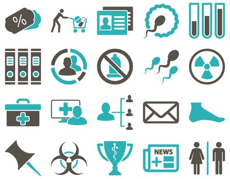 Medical icon set. Style: bicolor icons drawn with grey and cyan colors on a white background.