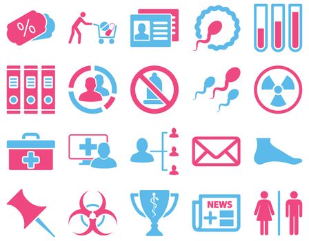 Medical icon set. Style: bicolor icons drawn with pink and blue colors on a white background.