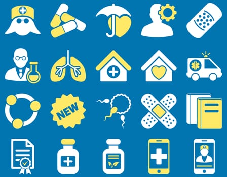 Medical icon set. Style: bicolor icons drawn with yellow and white colors on a blue background.