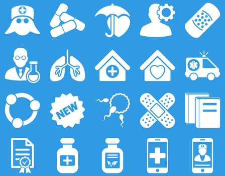 Medical icon set. Style: icons drawn with white color on a blue background.