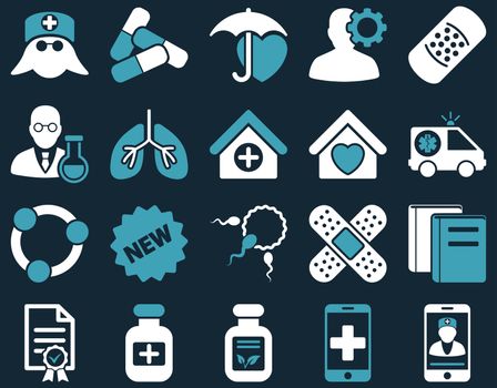 Medical icon set. Style: bicolor icons drawn with blue and white colors on a dark blue background.