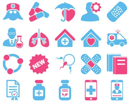 Medical icon set. Style: bicolor icons drawn with pink and blue colors on a white background.