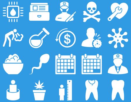 Medical icon set. Style: icons drawn with white color on a blue background.