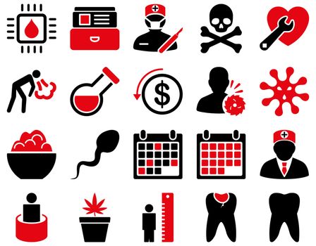 Medical icon set. Style: bicolor icons drawn with intensive red and black colors on a white background.