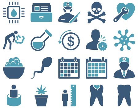 Medical icon set. Style: bicolor icons drawn with cyan and blue colors on a white background.