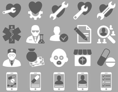 Medical icon set. Style: bicolor icons drawn with dark gray and white colors on a gray background.