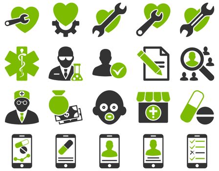 Medical icon set. Style: bicolor icons drawn with eco green and gray colors on a white background.