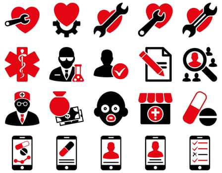 Medical icon set. Style: bicolor icons drawn with intensive red and black colors on a white background.