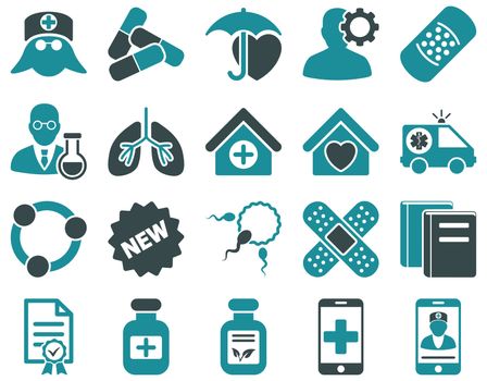 Medical icon set. Style: bicolor icons drawn with soft blue colors on a white background.