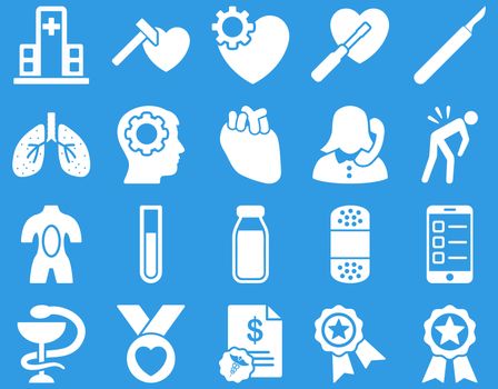 Medical icon set. Style: icons drawn with white color on a blue background.