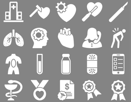 Medical icon set. Style: icons drawn with white color on a gray background.