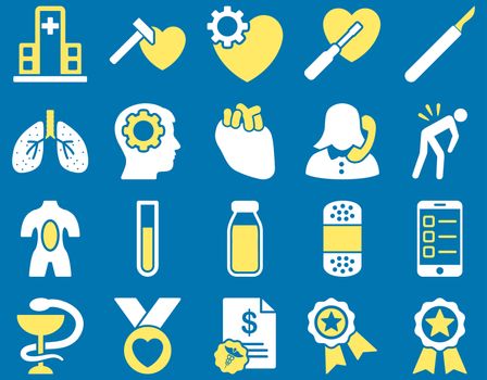 Medical icon set. Style: bicolor icons drawn with yellow and white colors on a blue background.