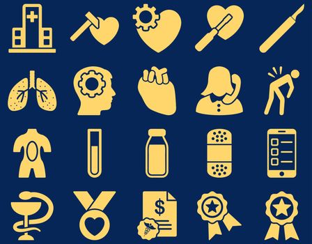 Medical icon set. Style: icons drawn with yellow color on a blue background.