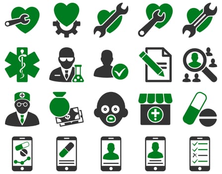 Medical icon set. Style: bicolor icons drawn with green and gray colors on a white background.