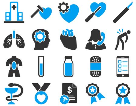 Medical icon set. Style: bicolor icons drawn with blue and gray colors on a white background.