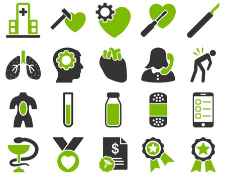 Medical icon set. Style: bicolor icons drawn with eco green and gray colors on a white background.