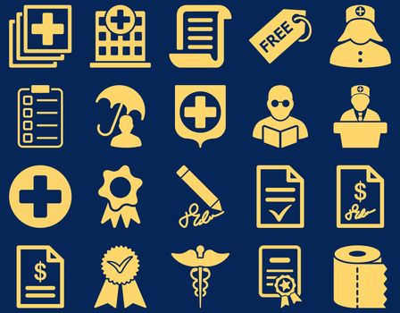 Medical icon set. Style: icons drawn with yellow color on a blue background.