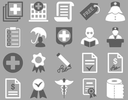 Medical icon set. Style: bicolor icons drawn with dark gray and white colors on a gray background.