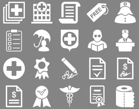 Medical icon set. Style: icons drawn with white color on a gray background.