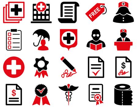 Medical icon set. Style: bicolor icons drawn with intensive red and black colors on a white background.