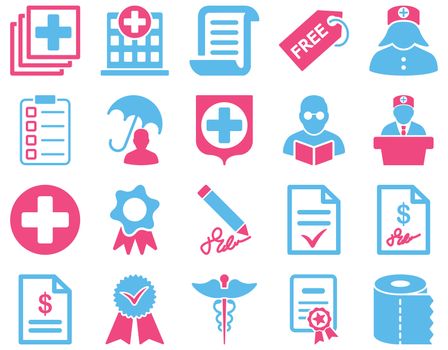 Medical icon set. Style: bicolor icons drawn with pink and blue colors on a white background.
