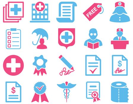 Medical icon set. Style: bicolor icons drawn with pink and blue colors on a white background.