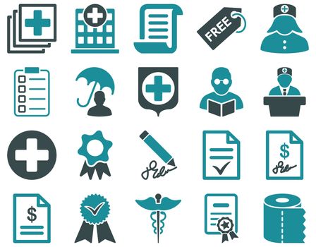 Medical icon set. Style: bicolor icons drawn with soft blue colors on a white background.