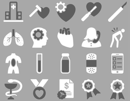 Medical icon set. Style: bicolor icons drawn with dark gray and white colors on a gray background.