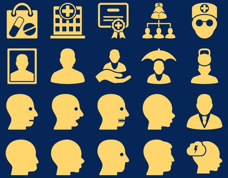 Medical icon set. Style: icons drawn with yellow color on a blue background.