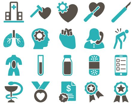 Medical icon set. Style: bicolor icons drawn with grey and cyan colors on a white background.