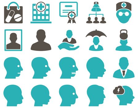 Medical icon set. Style: bicolor icons drawn with grey and cyan colors on a white background.