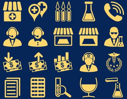 Medical icon set. Style: icons drawn with yellow color on a blue background.