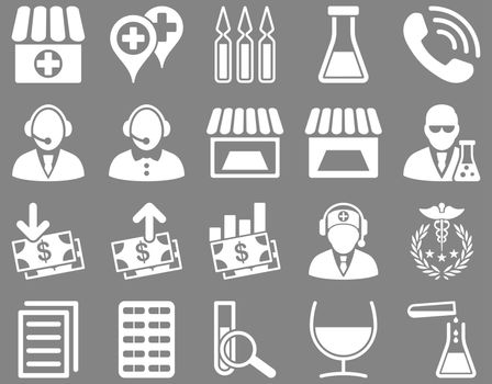 Medical icon set. Style: icons drawn with white color on a gray background.