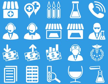 Medical icon set. Style: icons drawn with white color on a blue background.