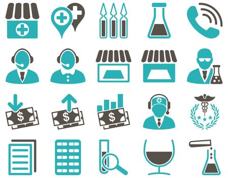 Medical icon set. Style: bicolor icons drawn with grey and cyan colors on a white background.