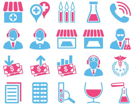 Medical icon set. Style: bicolor icons drawn with pink and blue colors on a white background.