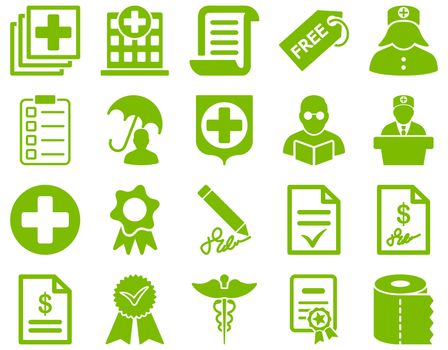 Medical icon set. Style: icons drawn with eco green color on a white background.